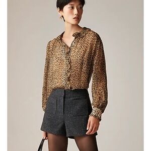 J.Crew Ruffle‎ Button-Up Shirt In Leopard-Print Crinkle Chiffon Women's Size 4